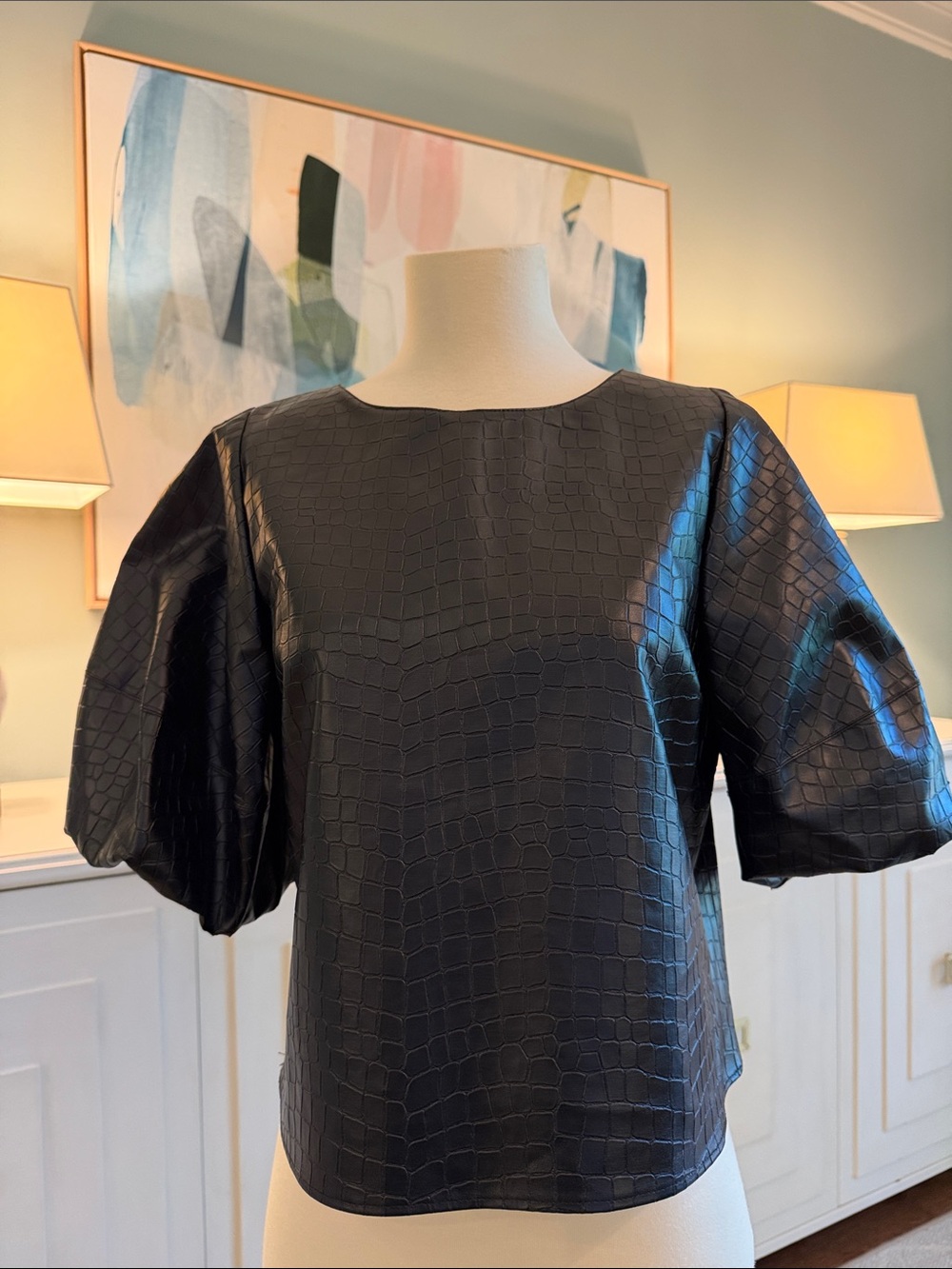 Amanda Uprichard Black Faux Croc Puff Sleeve Top - Women